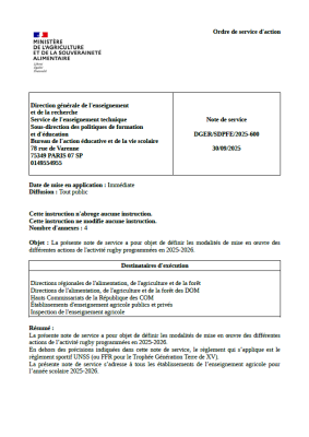 Note de service "organisation de l'activité rugby dans l'EA" 25/26